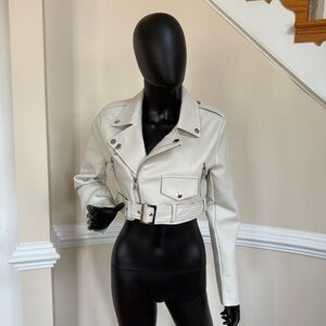 Leather Moto Jacket Crop Faux Motorcycle Jacket Belted Crop Coat Trench Cardigan